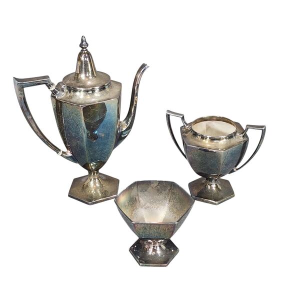 Vtg Meriden S P Co International 289 Silver Plated 3 Pieces Tea Pot Hexagon READ - Picture 1 of 12